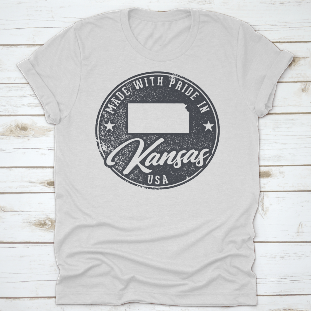 A comfortable t-shirt made from 100% cotton, featuring a Kansas state map packaging label, showcasing its quality and classic fit.